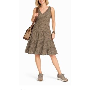 Believe Midi Dress Size 16 Brown Green Tank Embroidered Tiered Ruffle Hem Floral